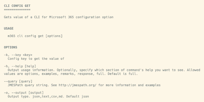 Example of the help out within the CLI for Microsoft 365