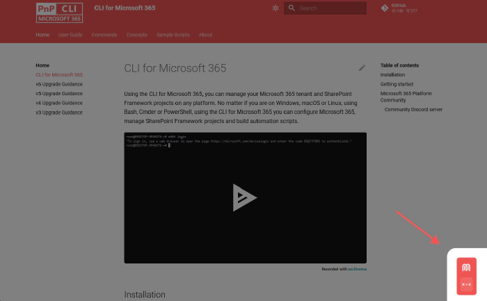 Mendable button on the CLI for Microsoft 365 docs