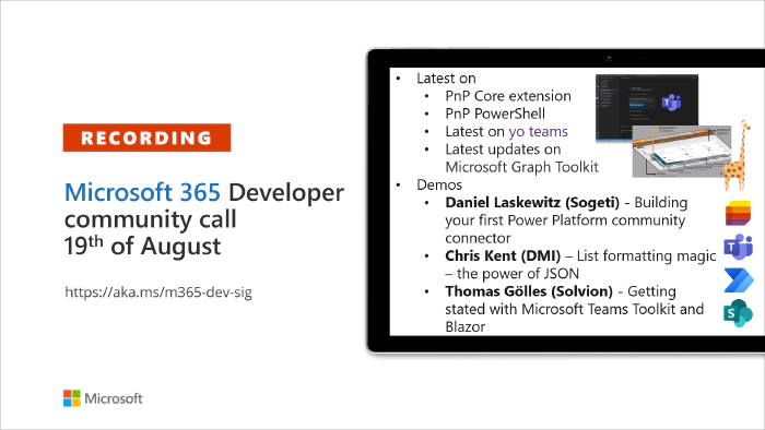 Microsoft 365 Developer Community Call recording -- 19th of August, 2021