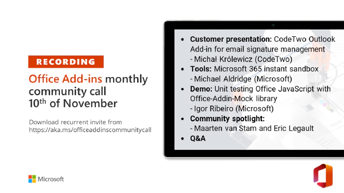 Office Add-ins community call -- November 10, 2021