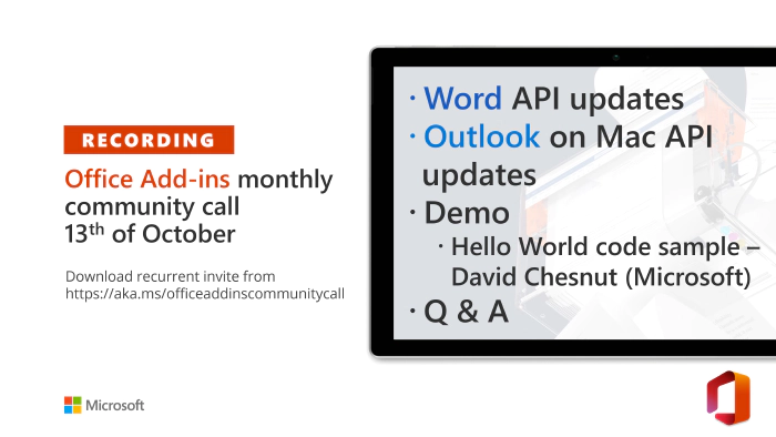 Office Add-ins community call -- October 13, 2021