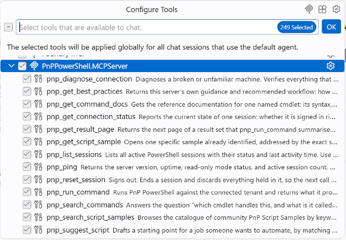 PnP PowerShell MCP tools available in GitHub Copilot