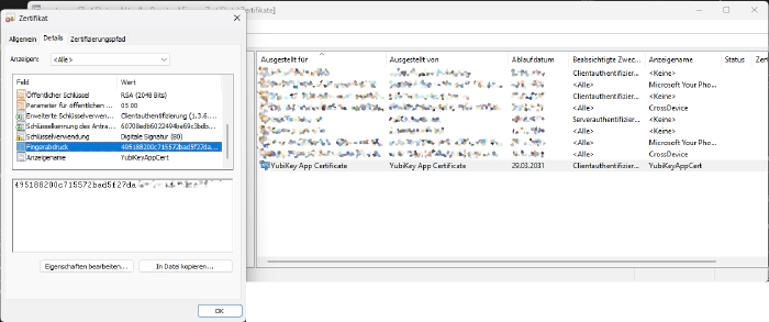 The YubiKey certificate present in the Windows Certificate manager