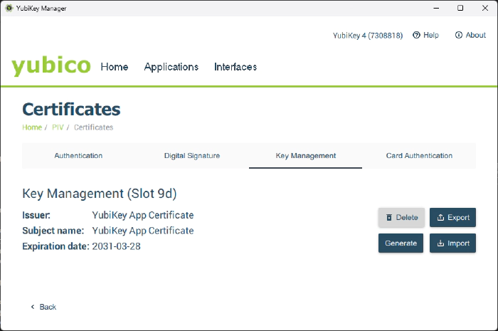 The certificate in the YubiKey Manager