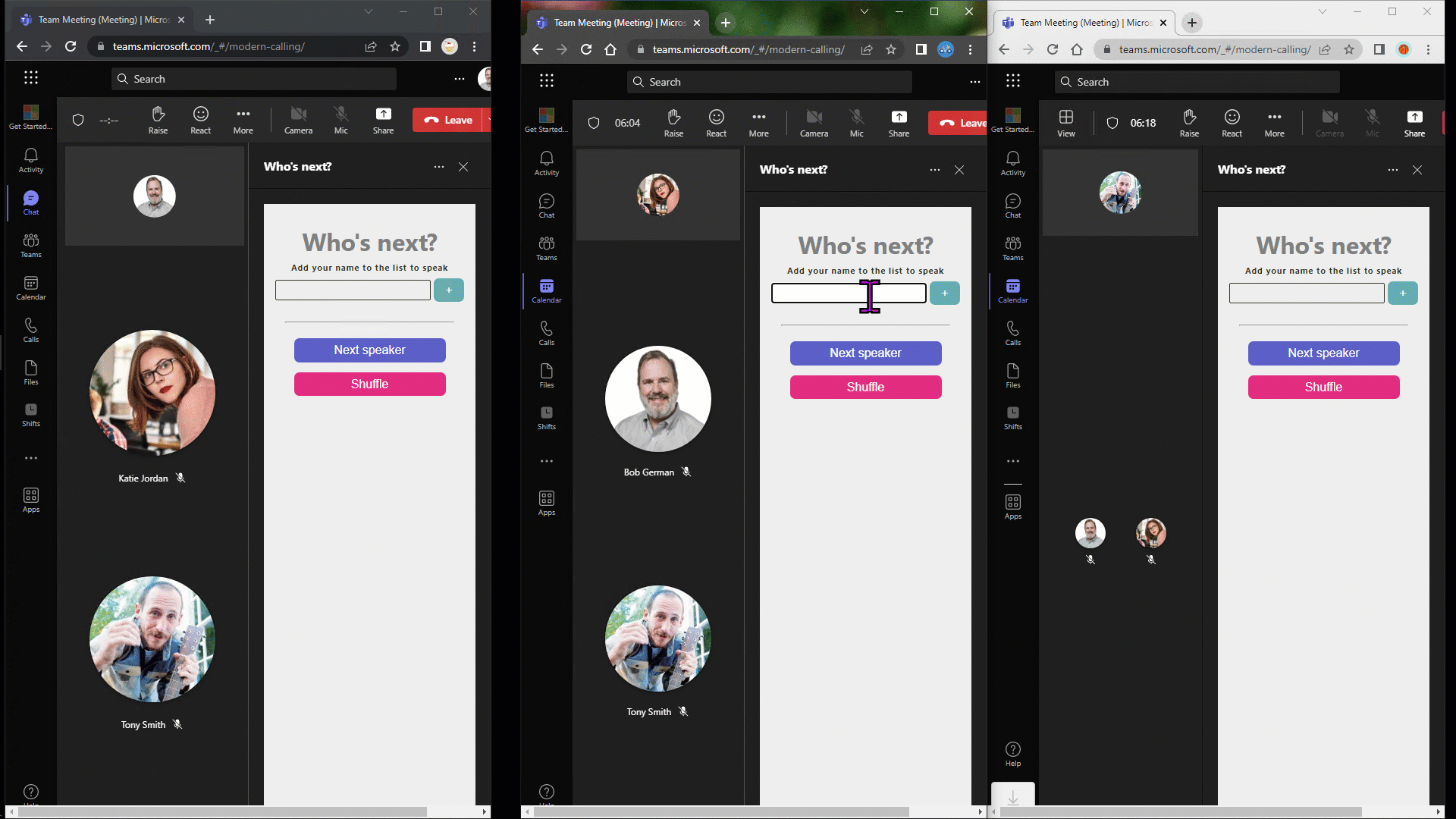 3 screens of different people in a meeting using the Who&rsquo;s Next app