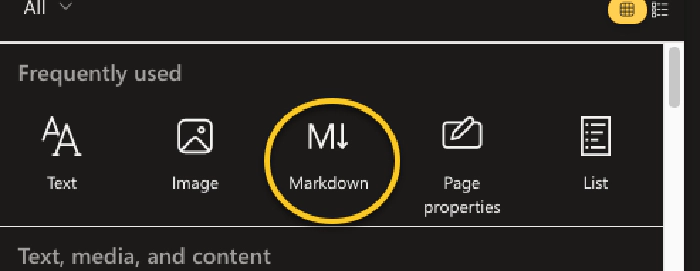 Add the Markdown Editor web part to the SharePoint Modern Page
