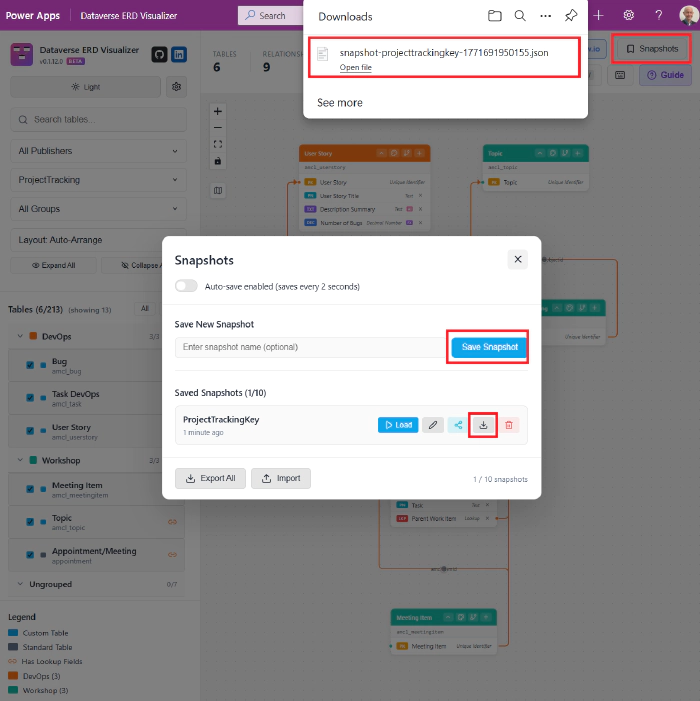 Saving diagram shapshots to reload