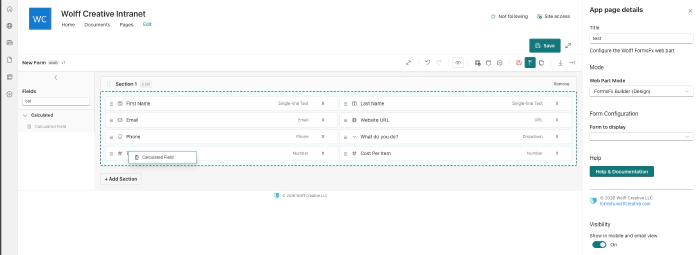 Builder showing a calculated field being dragged into a 2-column section with text, email, phone, URL, and dropdown fields