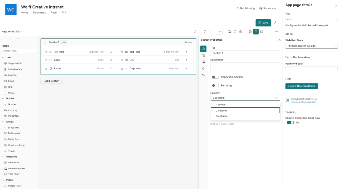 The FormsFX builder inside SharePoint — drag-and-drop field palette on the left, 2-column section layout in the center, and section properties panel on the right