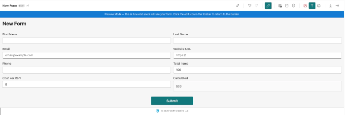 Preview mode showing a calculated field displaying 500 — the result of Total Items (100) multiplied by Cost Per Item (5)