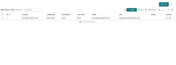 Submissions dashboard showing a table with ID, Created, Created By, and field columns, plus search and toolbar actions