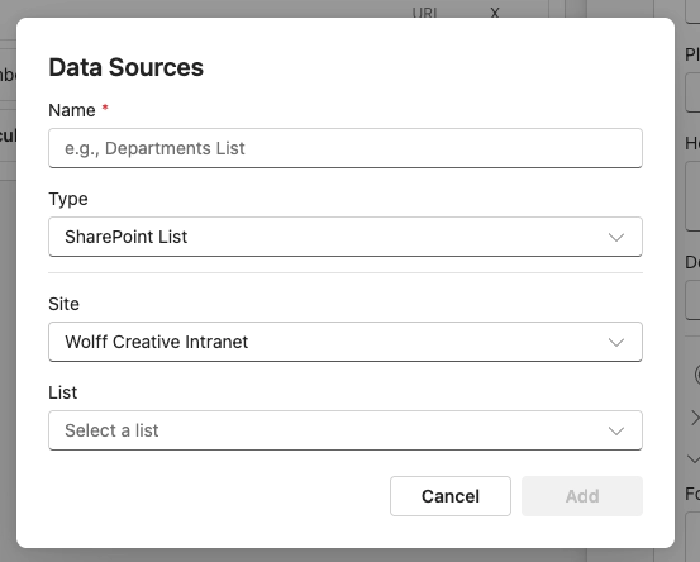 Data Sources dialog for connecting a SharePoint list — with site selector and list picker