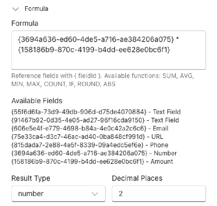 Calculated field configuration showing a formula that multiplies two field references, with result type set to number and 2 decimal places
