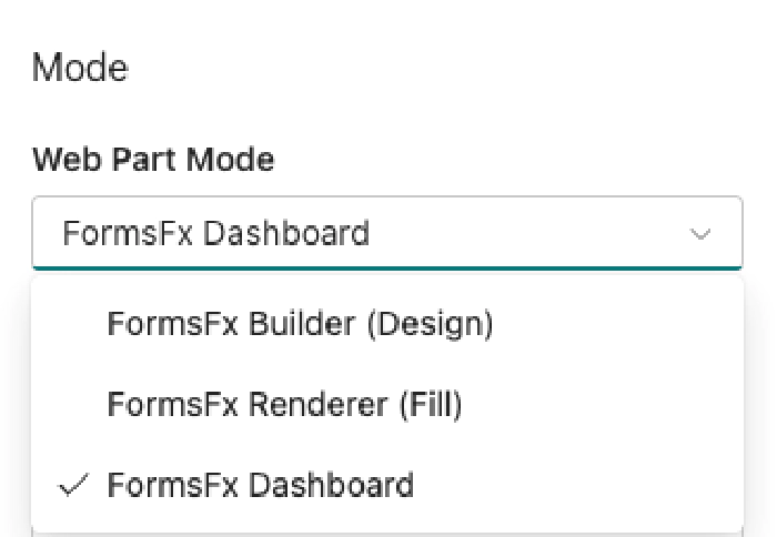 Web part mode selector showing Builder, Renderer, and Dashboard options