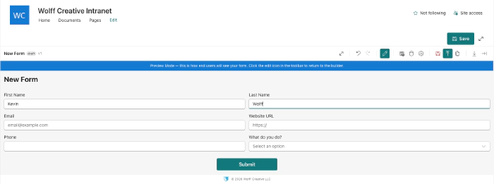 Preview mode with a filled-out form showing two-column layout, text inputs, and a submit button