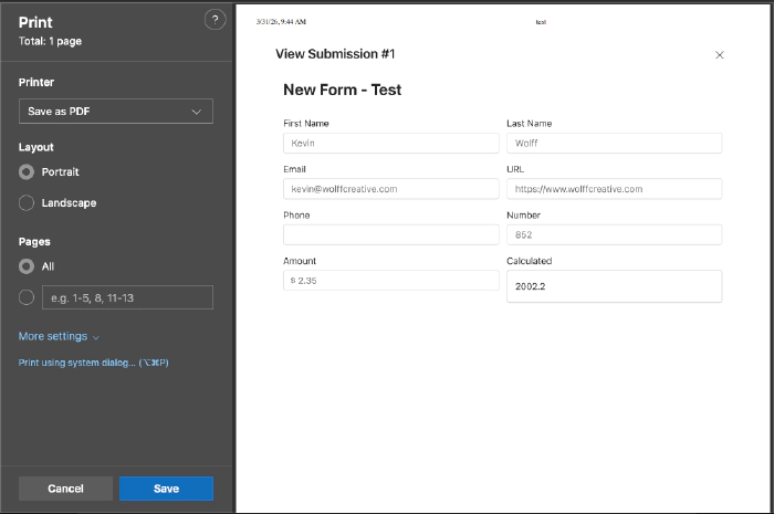 Browser print dialog with the submission rendered in a print-optimized layout