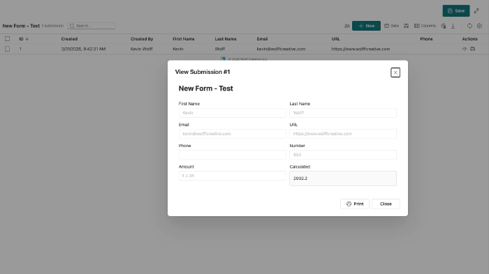 View Submission dialog showing form data in a clean read-only layout with Print and Close buttons