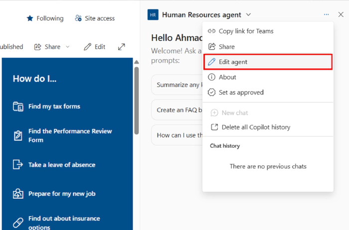 picture of editing sharepoint agent