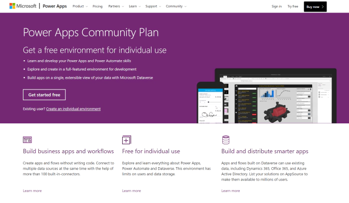 The overview page of the Power Apps Community Plan