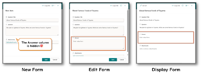 Comparison of new form, edit form, and disp form