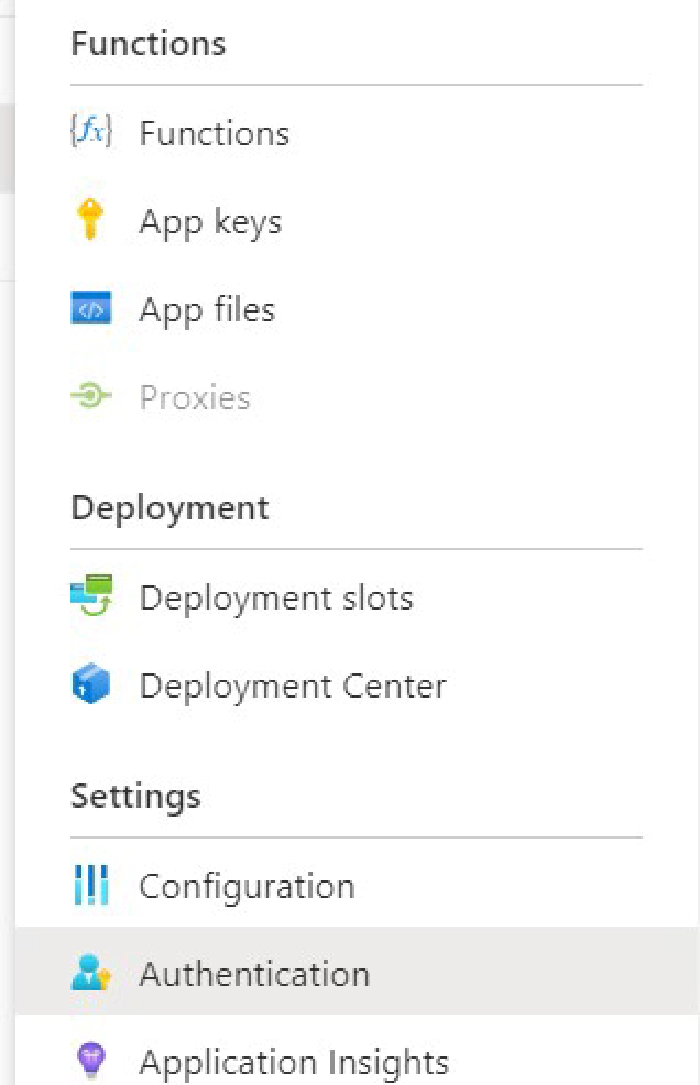 Azure Function Authentication Tab