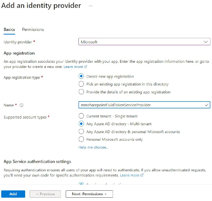 Azure Function Authentication Tab - Add identity provider