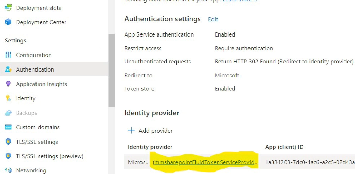 Azure Function Authentication Tab - Added Microsoft identity provider