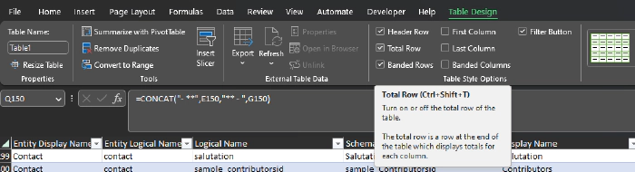 Excel Table Footer