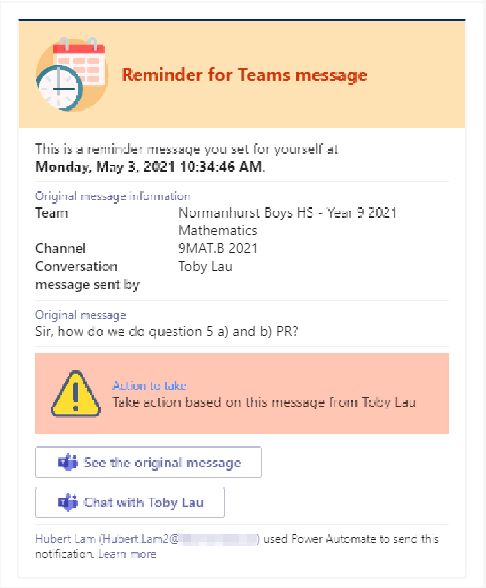 The reminder card itself, with links to the original message and chat with message author