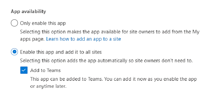 Add to Teams option in app catalog