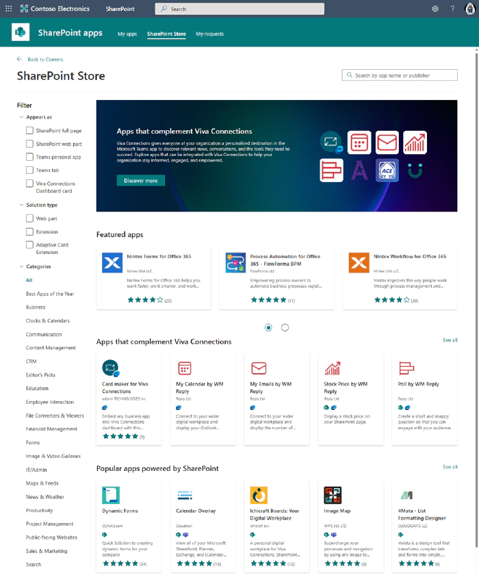 SharePoint store with the filtering options on component types