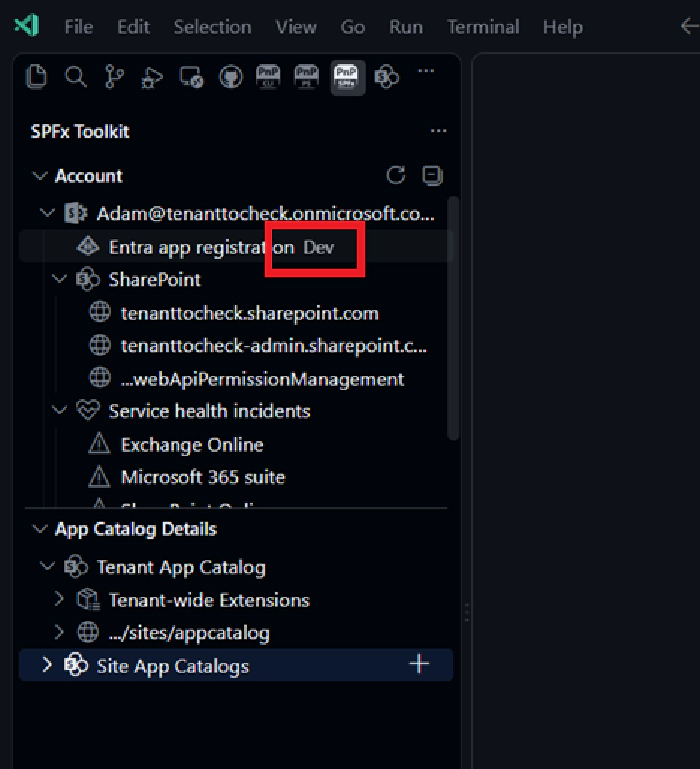 App registration currently signed in with a friendly name