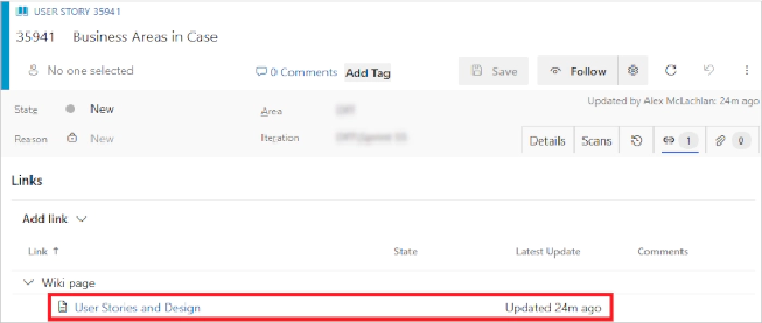 User story, showing link to the Wiki page