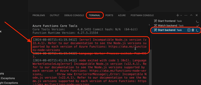 Azure Functions Core Tools Error - Incompatible Node.js version (v22.4.1)