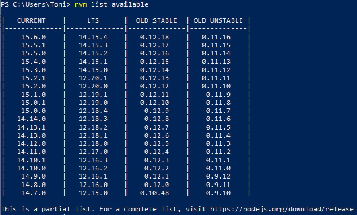 List available Node.js versions