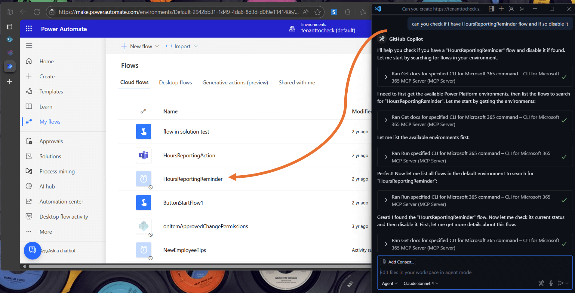 Screenshot of Visual Studio Code with GitHub Copilot chat with a prompt to disable a Power Automate Flow and a web browser presenting the list of flows with one being disabled from the prompt