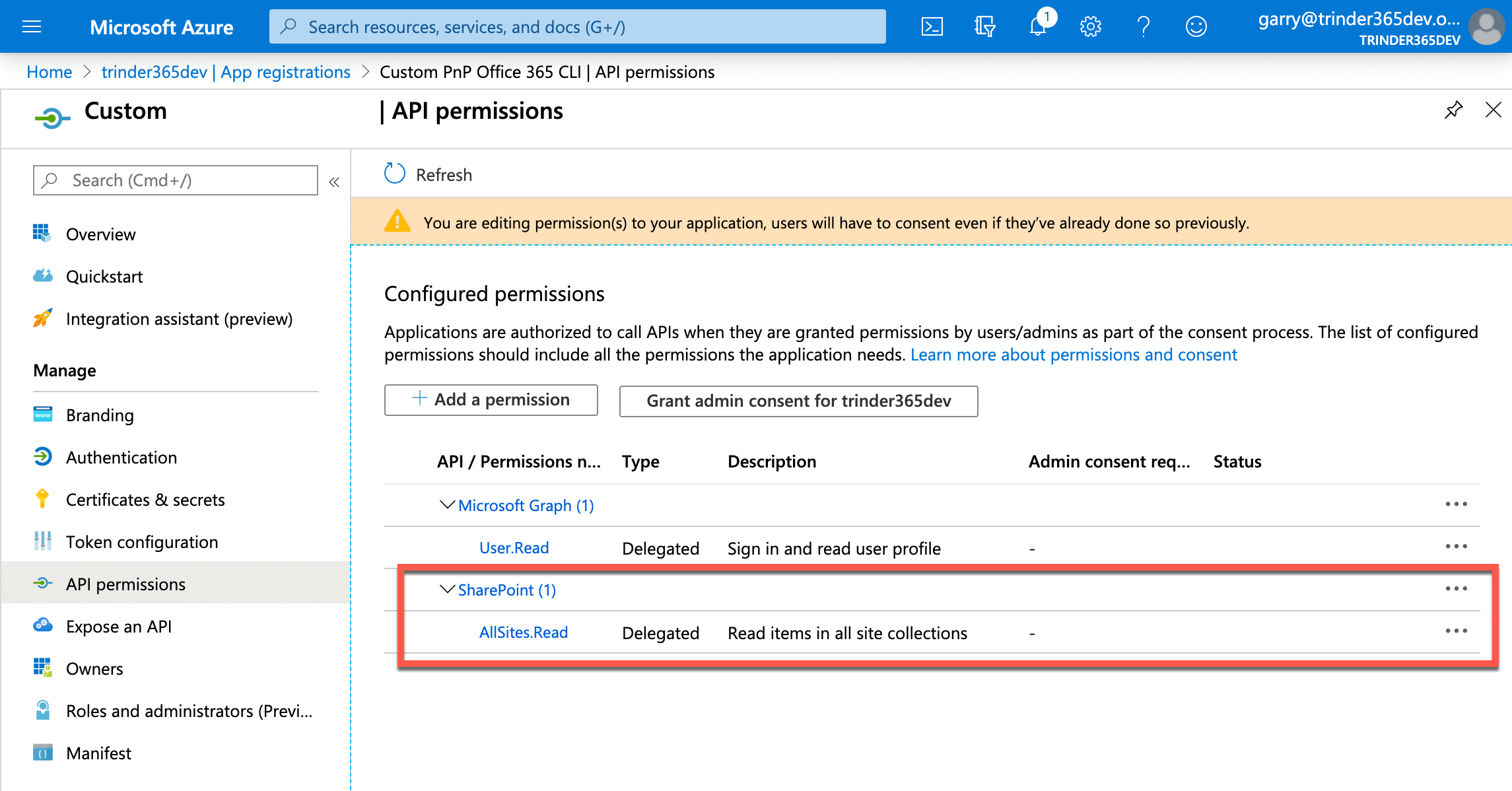 SharePoint Online Configured permissions