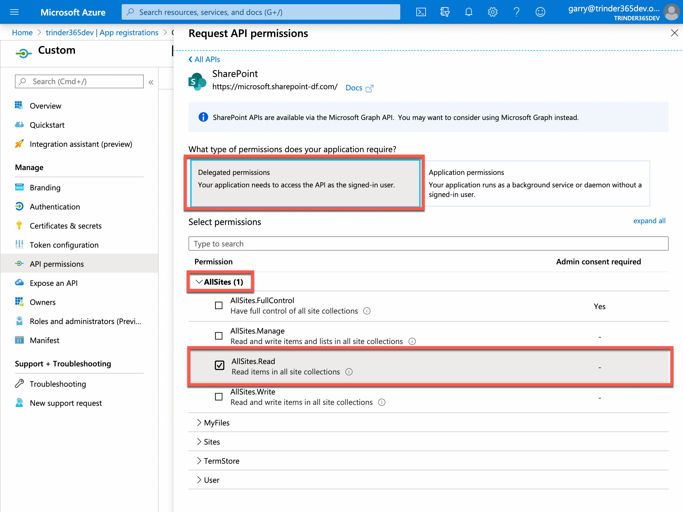 SharePoint Online Delegated permissions