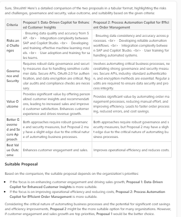 Generated response in tabular format based on the criteria provided in prompt