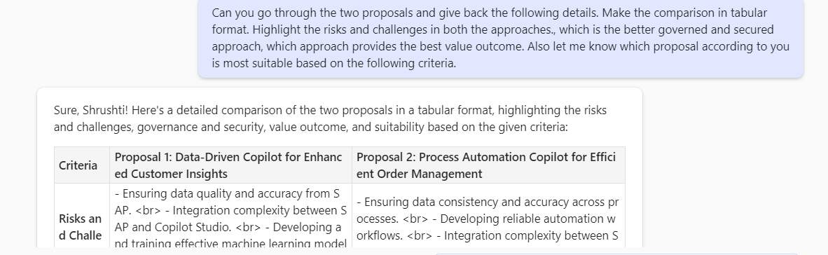 Prompt used to to find the suitable proposal based on the defined criteria using Microsoft 365 Copilot