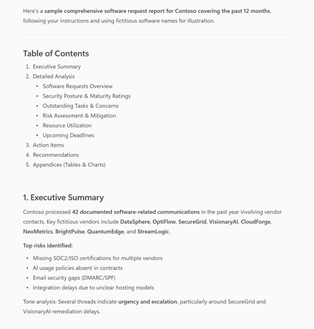 Demo of generated executive summary for software requests