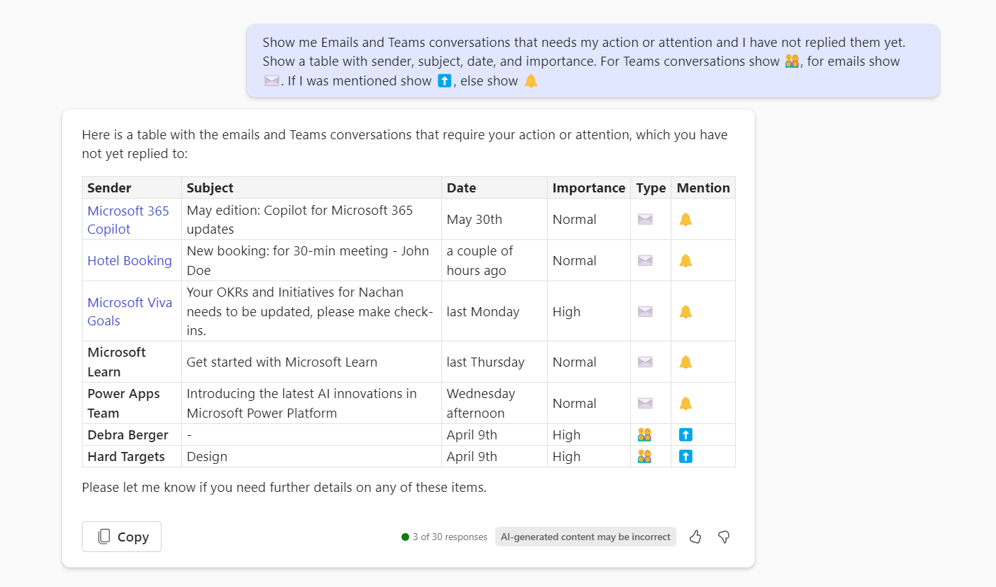 Demo of pending email and teams communications