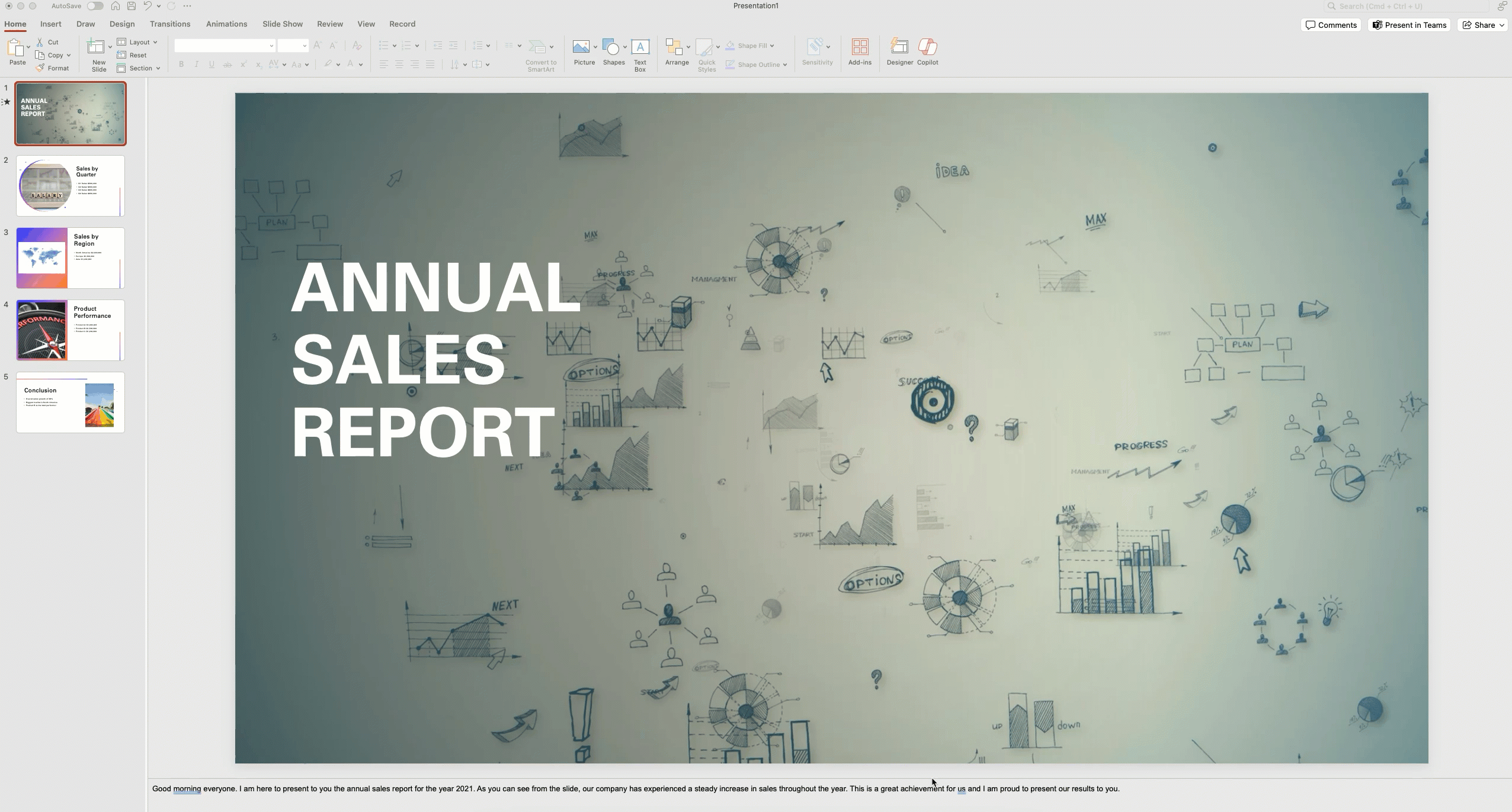 Demo of Creating a visually pleasing deck for annual sales report using powerpoint