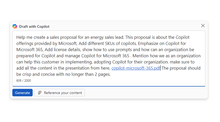 Microsoft word draft with Copilot sales proposal prompt