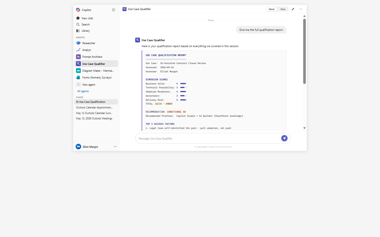 The Use Case Qualifier - sample qualification report output in Microsoft 365 Copilot