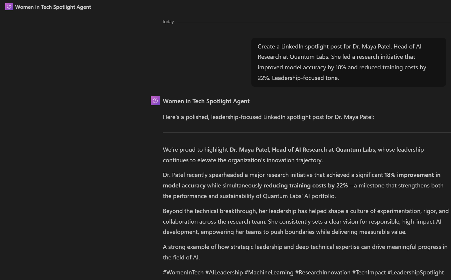 Women in Tech Spotlight Agent structured follow-up interaction