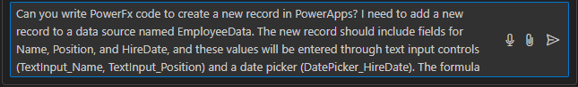 Prompt for generating PowerFx code to create a new record in Power Apps