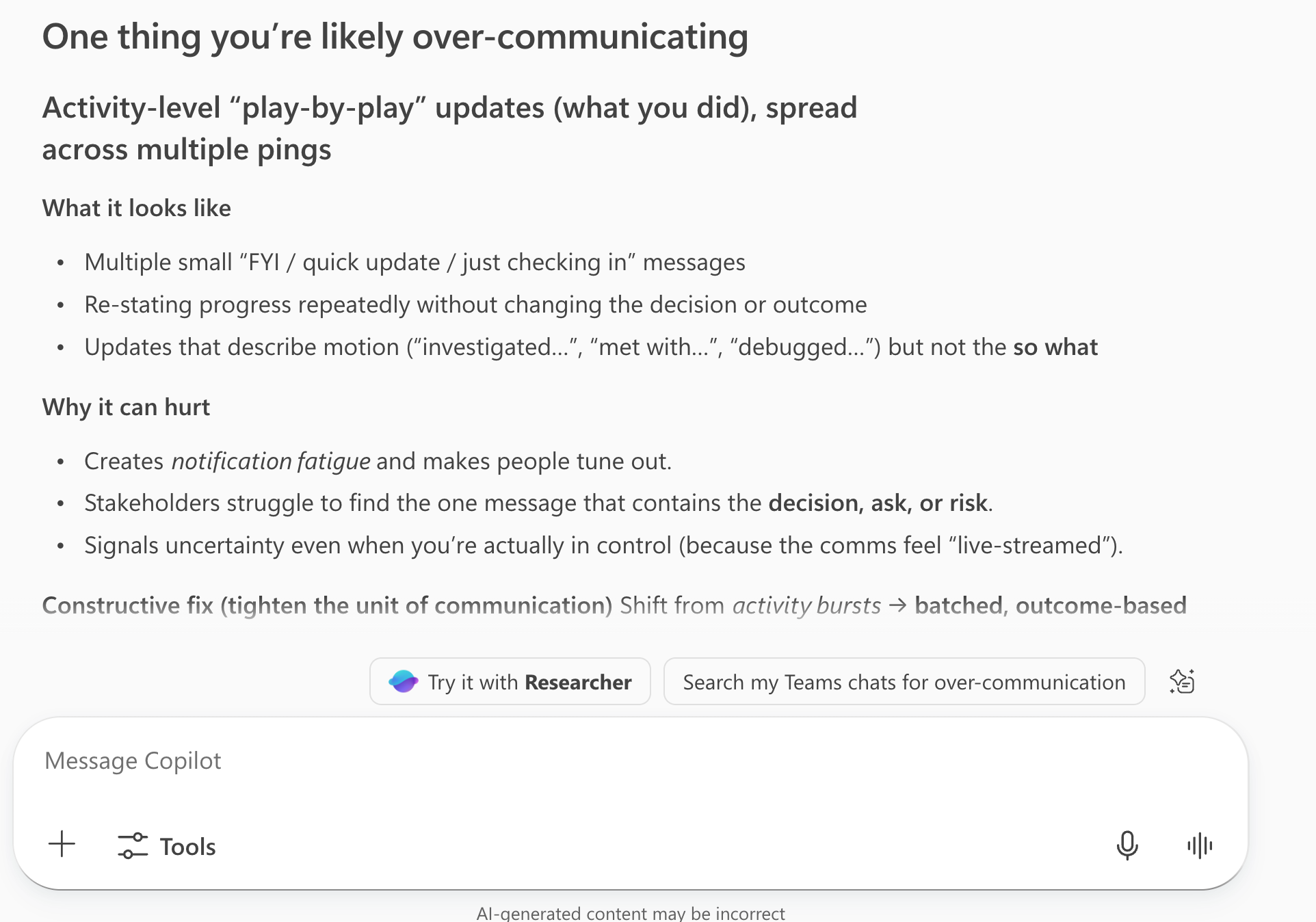 Screenshot of the Communication Balance Analyzer prompt in Microsoft 365 Copilot