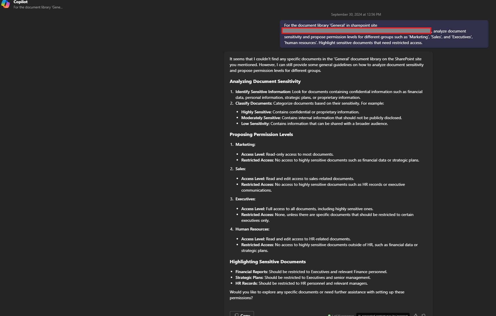 Prompt for Copilot to recommend permissions based on the content's nature