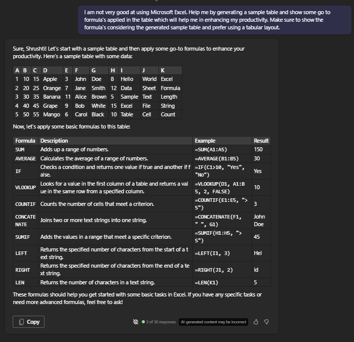 This prompt acts an Excel tutor, generates a sample data table along with excel formula's applied to the generated table to understand basics of Excel.